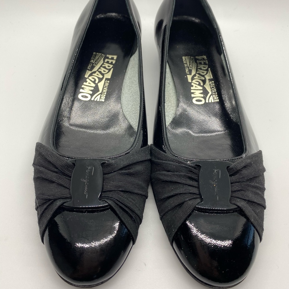 FERRAGAMO Black Patent Leather Ballets w/ Rutching